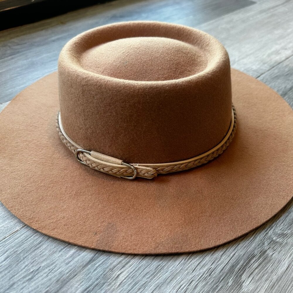 Brown Felt Hat with Brim and Faux Braided Leather Trim